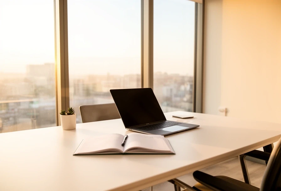 Helles Büro mit Schreibtisch, Notizbuch und Kaffee